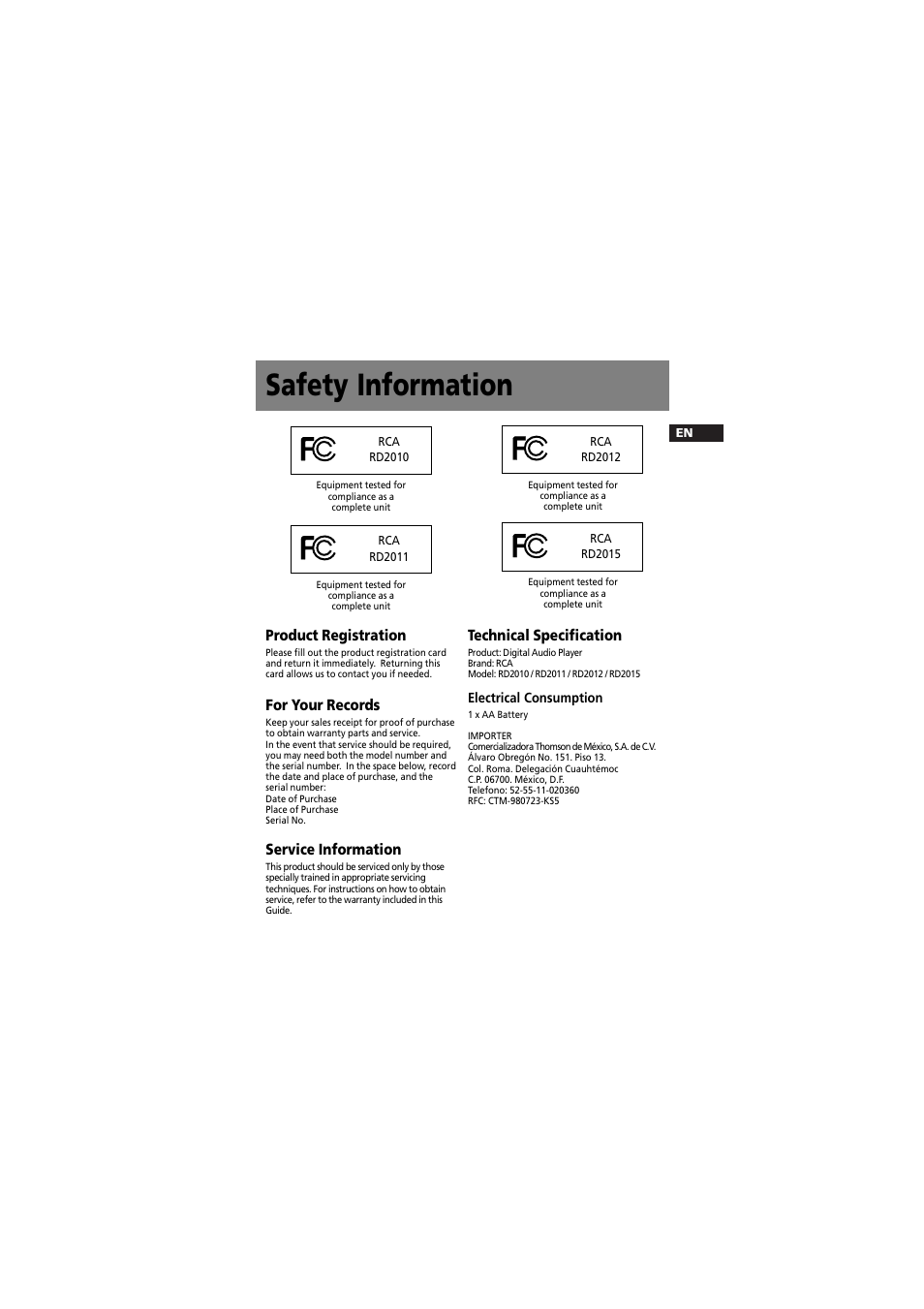 Safety information, Product registration, For your records | Service information, Technical specification | RCA RD2012 User Manual | Page 4 / 39