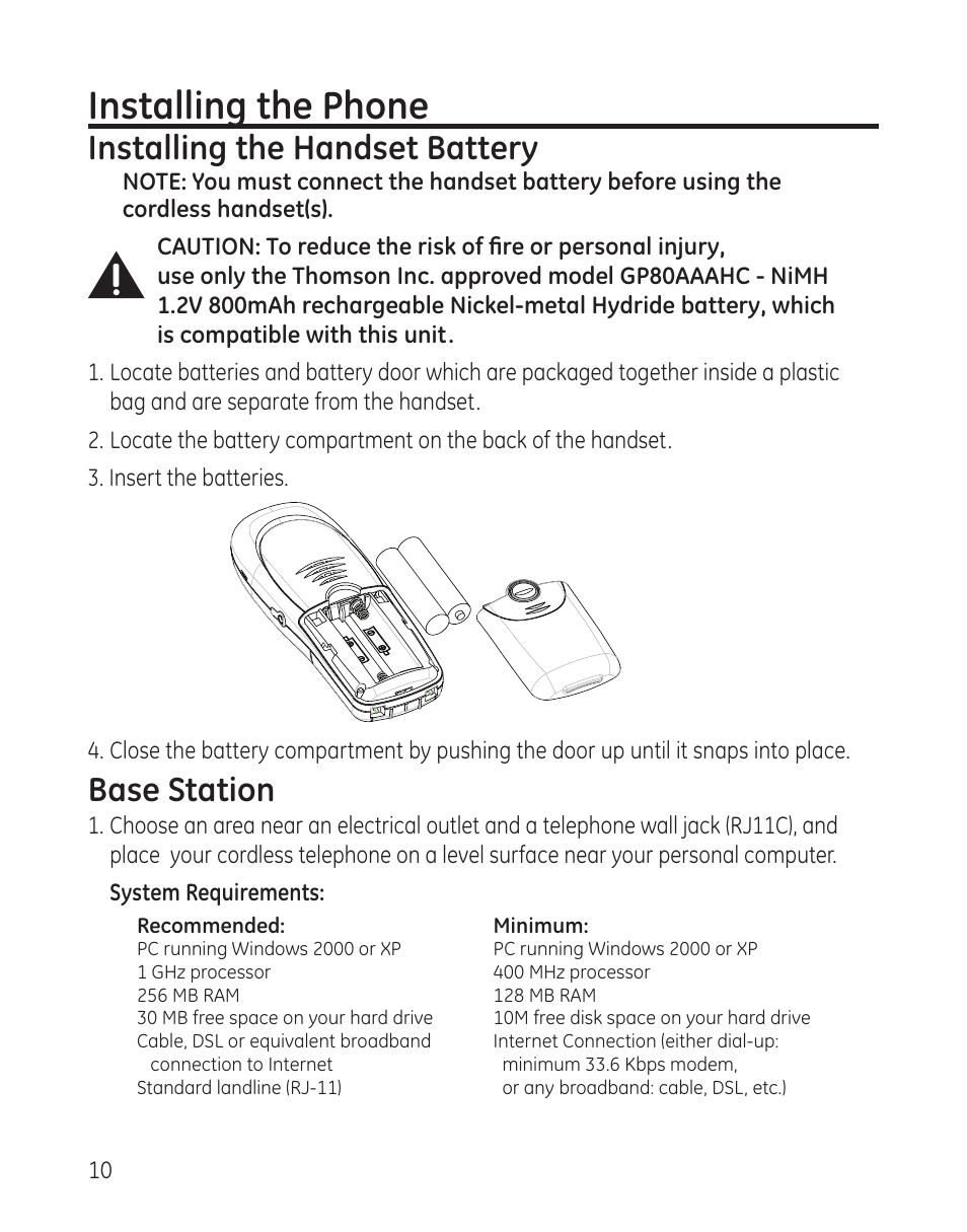 Installing the phone, Installing the handset battery, Base station | RCA 28300 User Manual | Page 10 / 52
