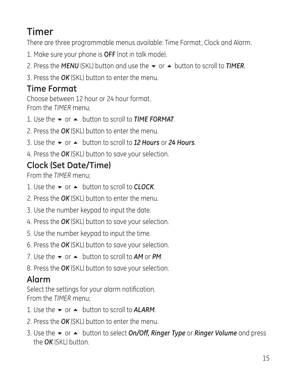 Timer, Time format, Clock (set date/time) | Alarm | RCA 28300 User Manual | Page 15 / 52