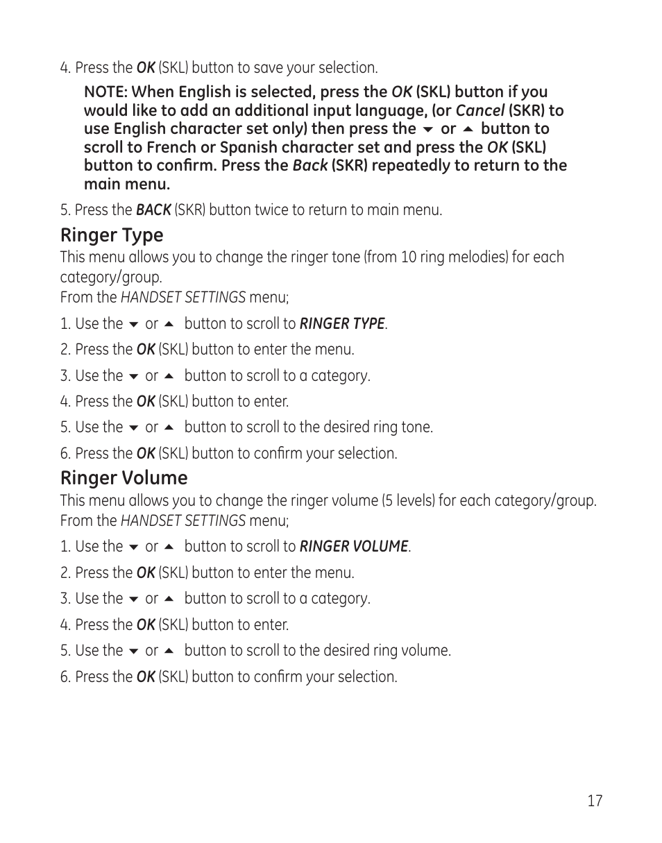 Ringer type, Ringer volume | RCA 28300 User Manual | Page 17 / 52