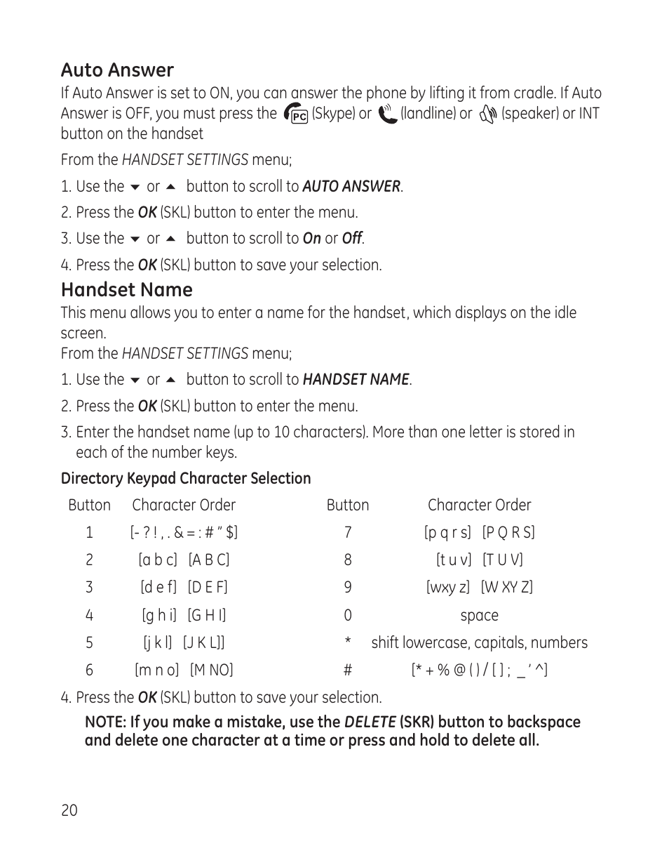 Auto answer, Handset name | RCA 28300 User Manual | Page 20 / 52
