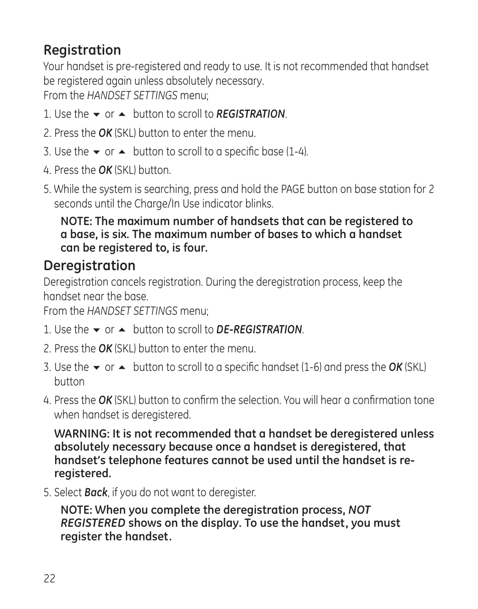 Registration, Deregistration | RCA 28300 User Manual | Page 22 / 52