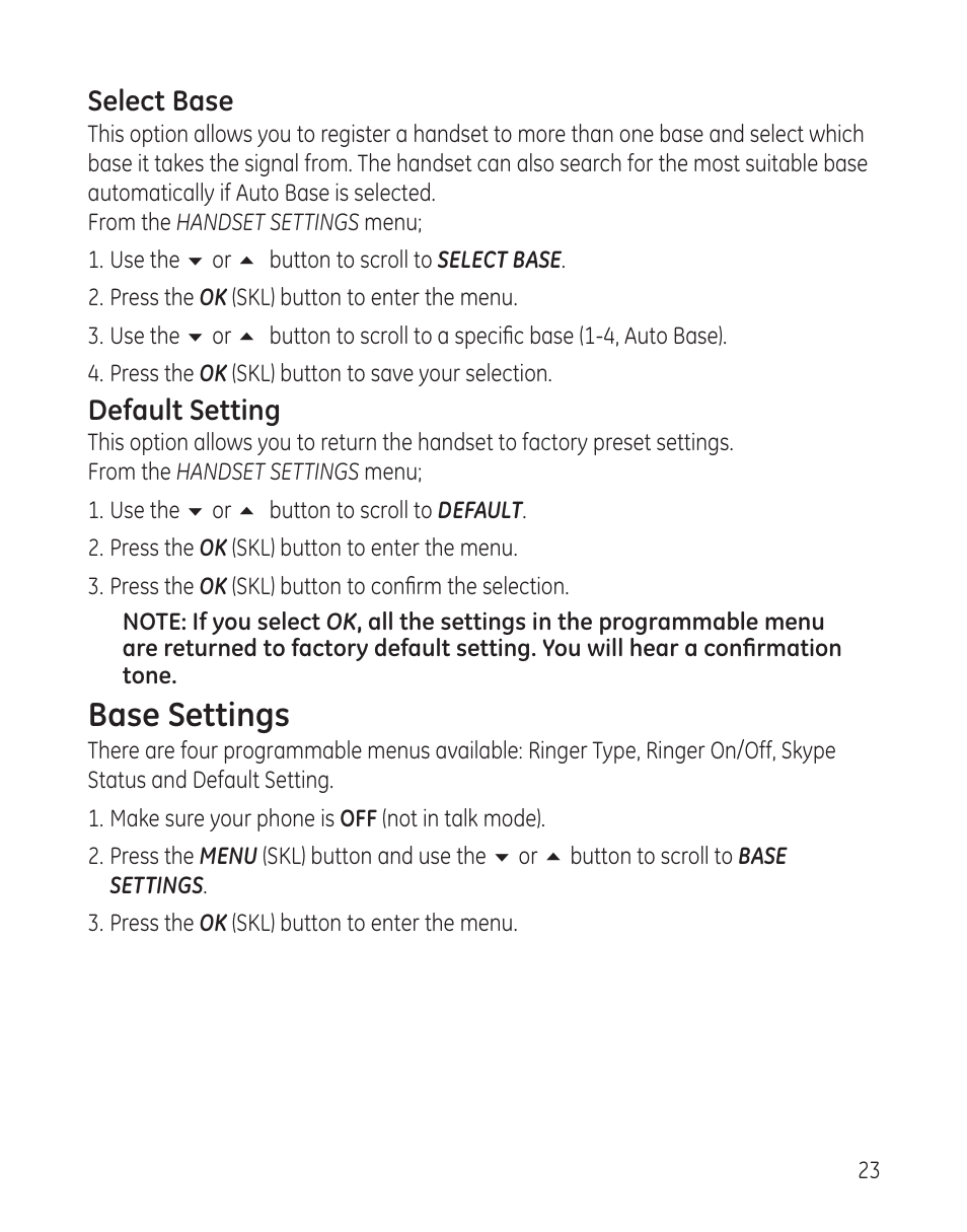 Base settings | RCA 28300 User Manual | Page 23 / 52