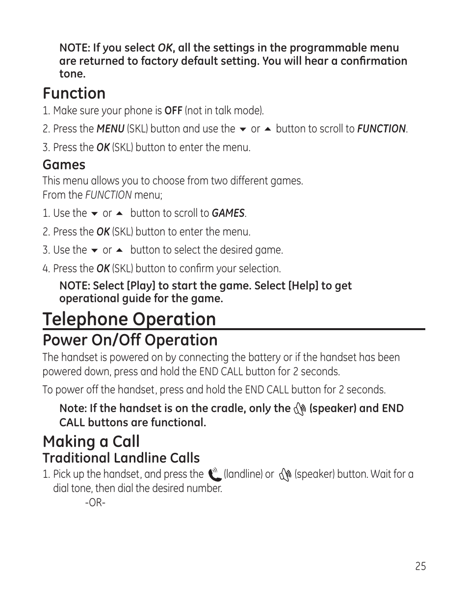 Telephone operation, Function, Power on/off operation | Making a call | RCA 28300 User Manual | Page 25 / 52