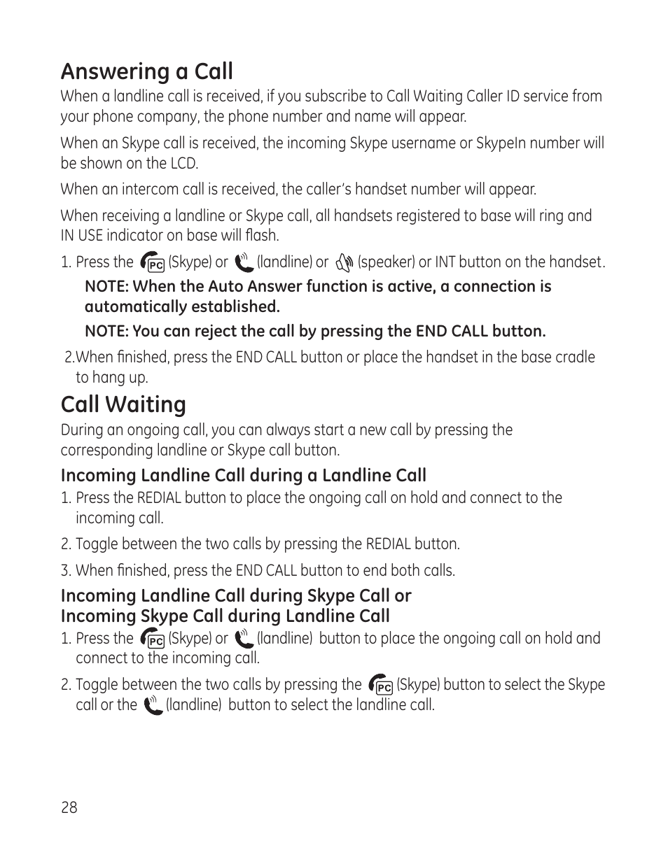 Answering a call, Call waiting | RCA 28300 User Manual | Page 28 / 52