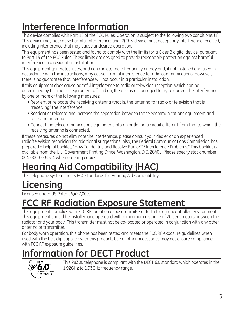 Interference information, Hearing aid compatibility (hac), Licensing | Fcc rf radiation exposure statement, Information for dect product | RCA 28300 User Manual | Page 3 / 52