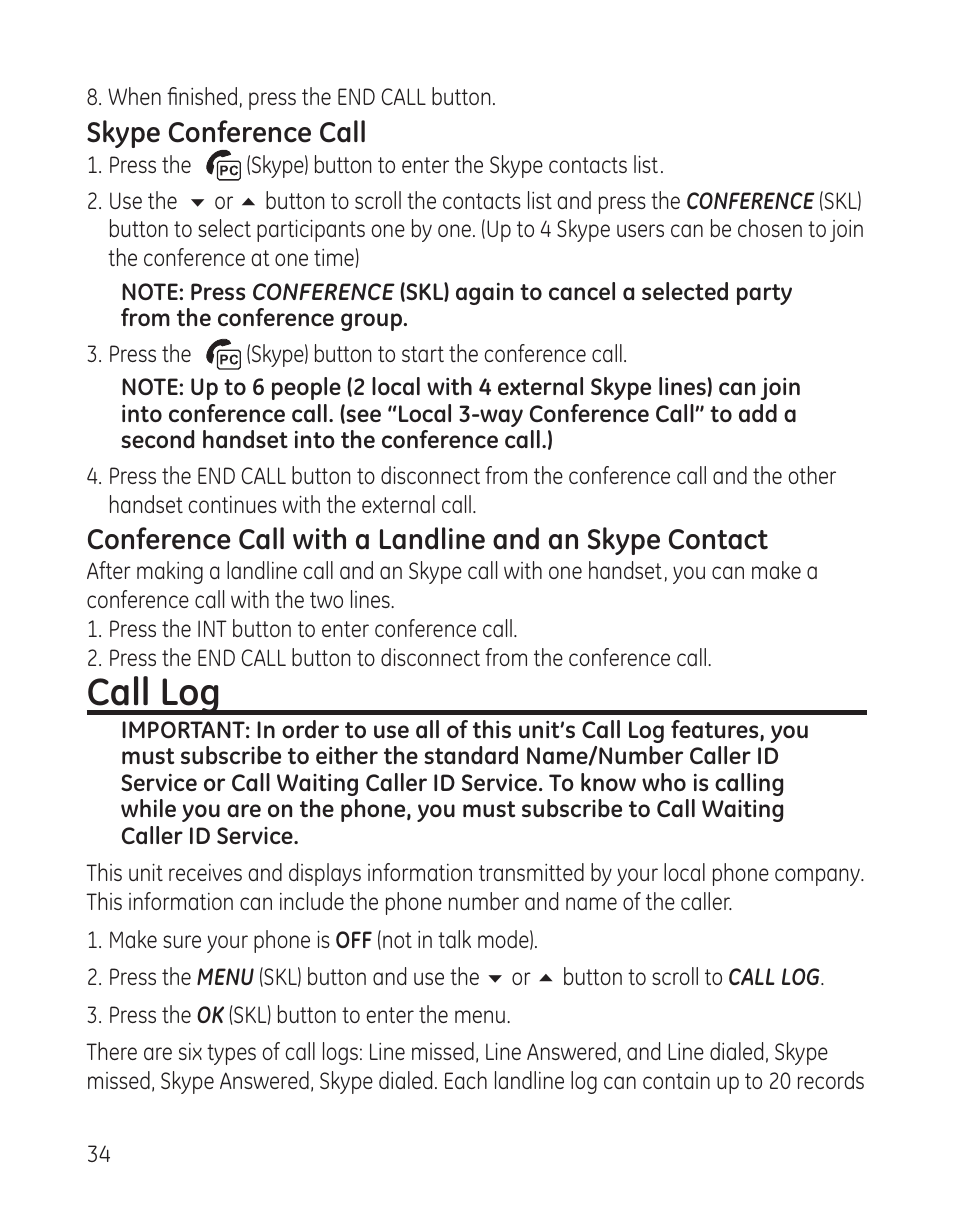 Call log | RCA 28300 User Manual | Page 34 / 52