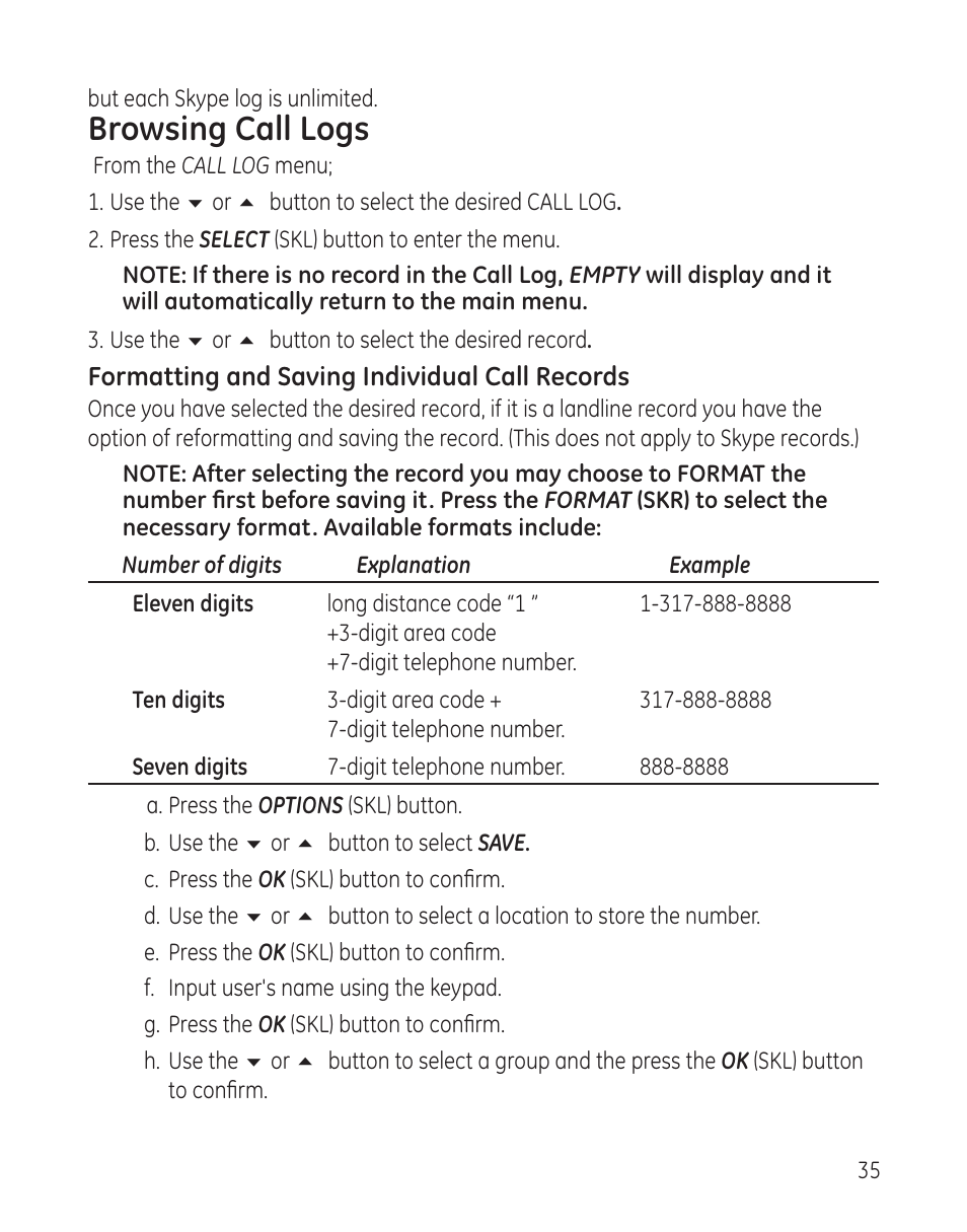 Browsing call logs | RCA 28300 User Manual | Page 35 / 52