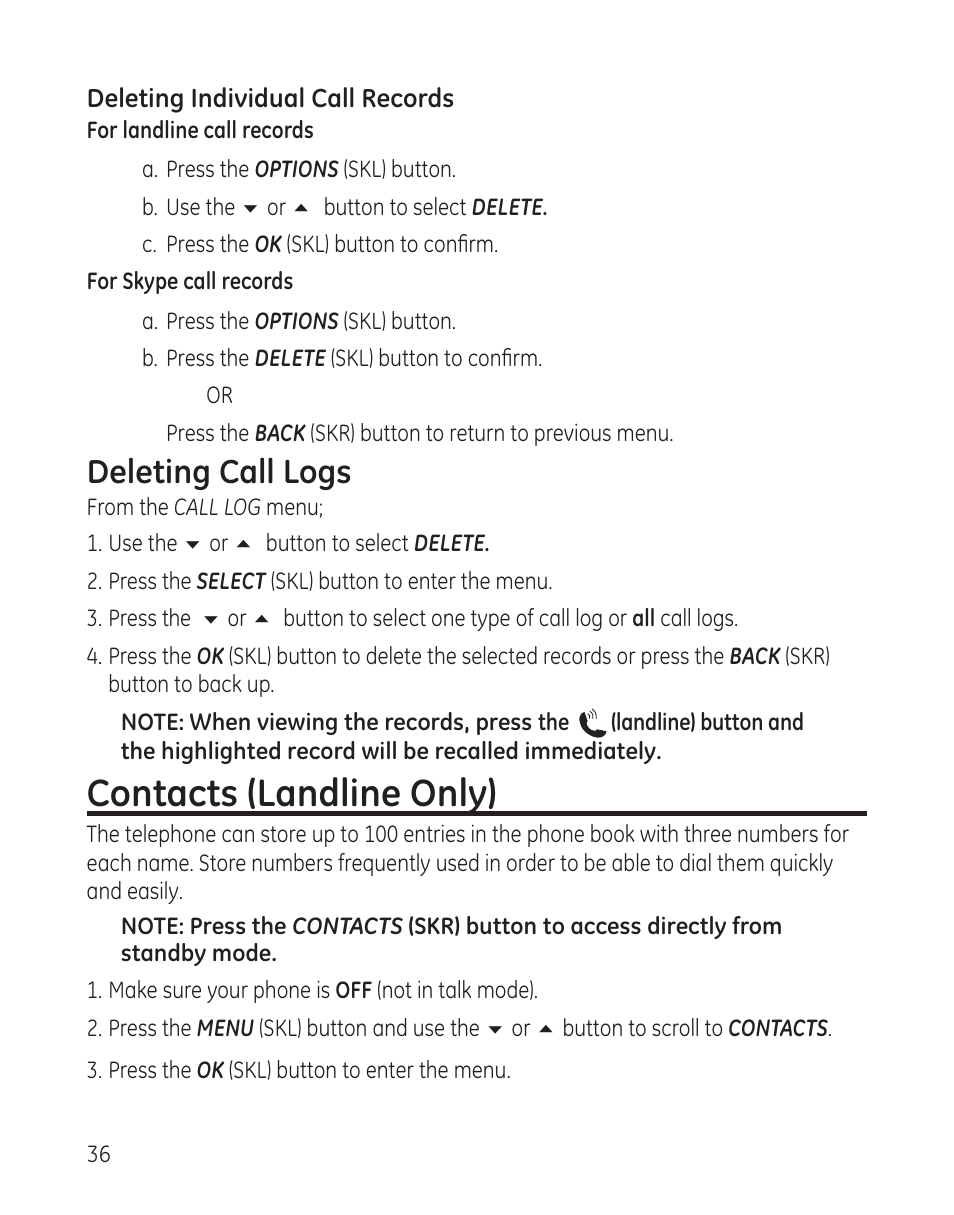 Contacts (landline only), Deleting call logs | RCA 28300 User Manual | Page 36 / 52