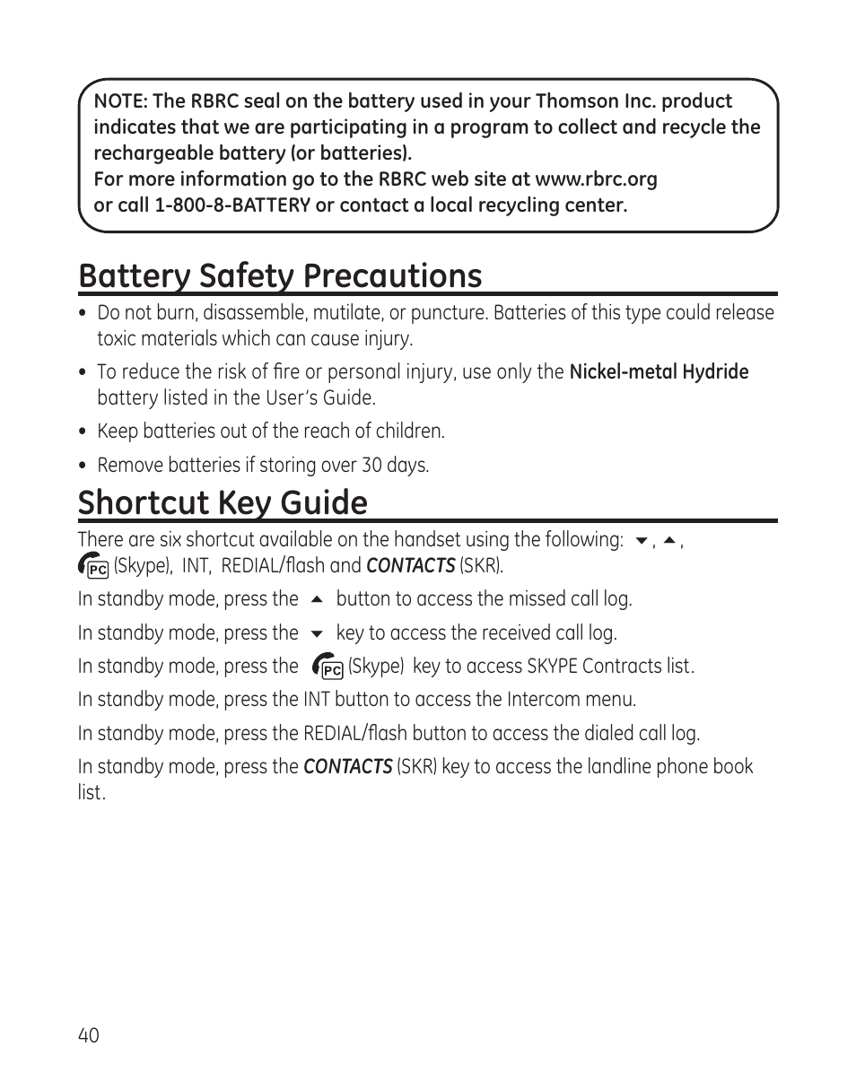 Battery safety precautions, Shortcut key guide | RCA 28300 User Manual | Page 40 / 52