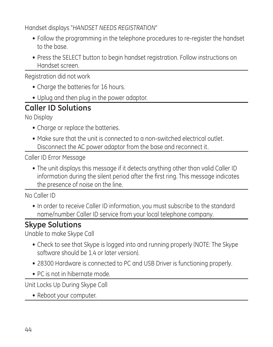 Caller id solutions, Skype solutions | RCA 28300 User Manual | Page 44 / 52