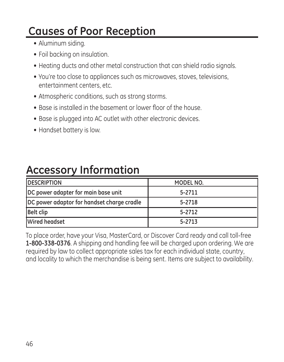 Causes of poor reception, Accessory information | RCA 28300 User Manual | Page 46 / 52