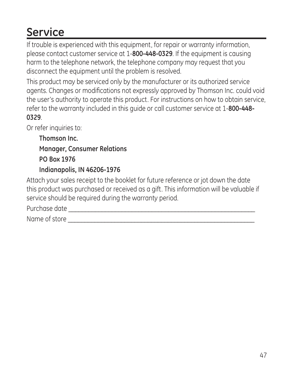 Service | RCA 28300 User Manual | Page 47 / 52