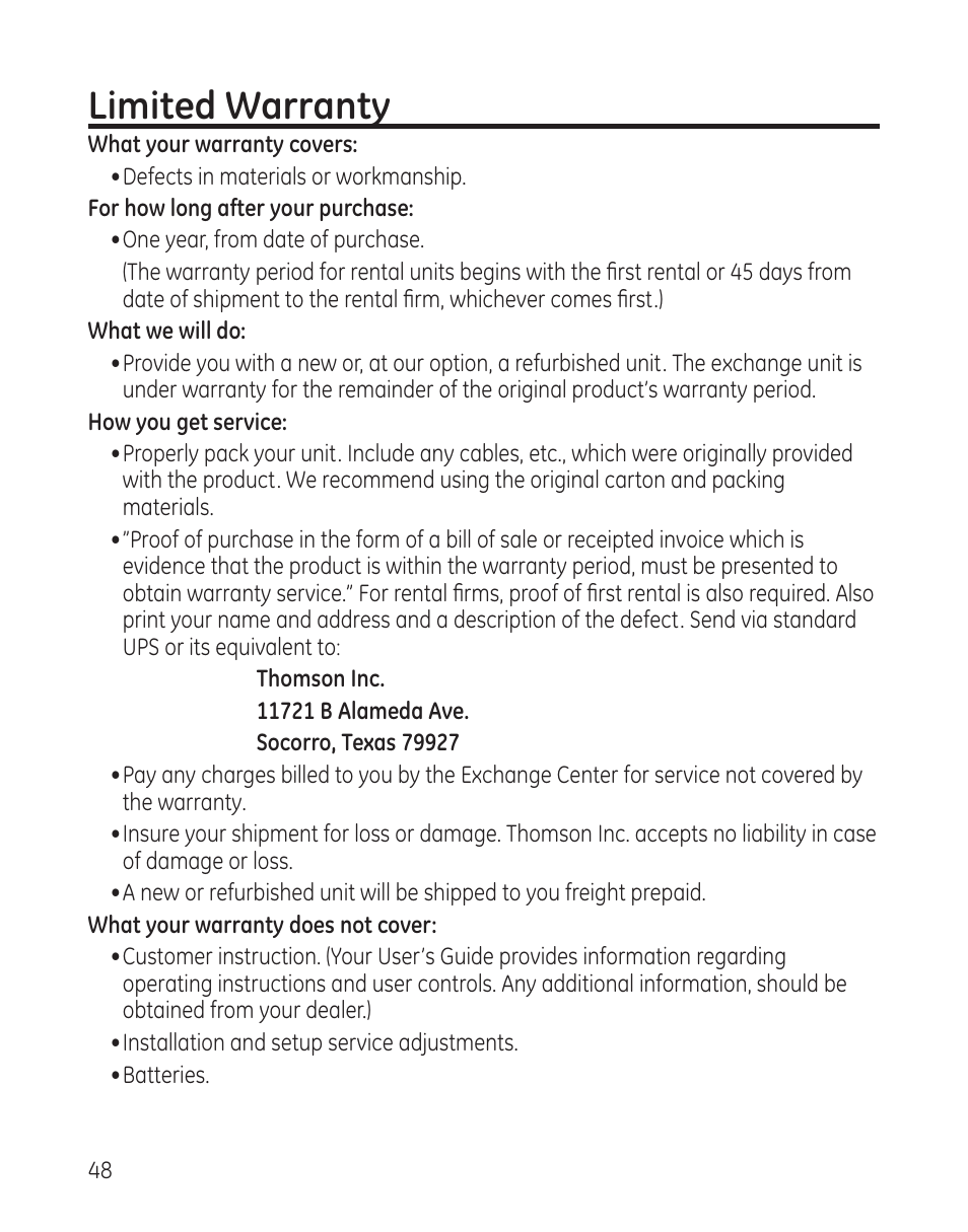 Limited warranty | RCA 28300 User Manual | Page 48 / 52