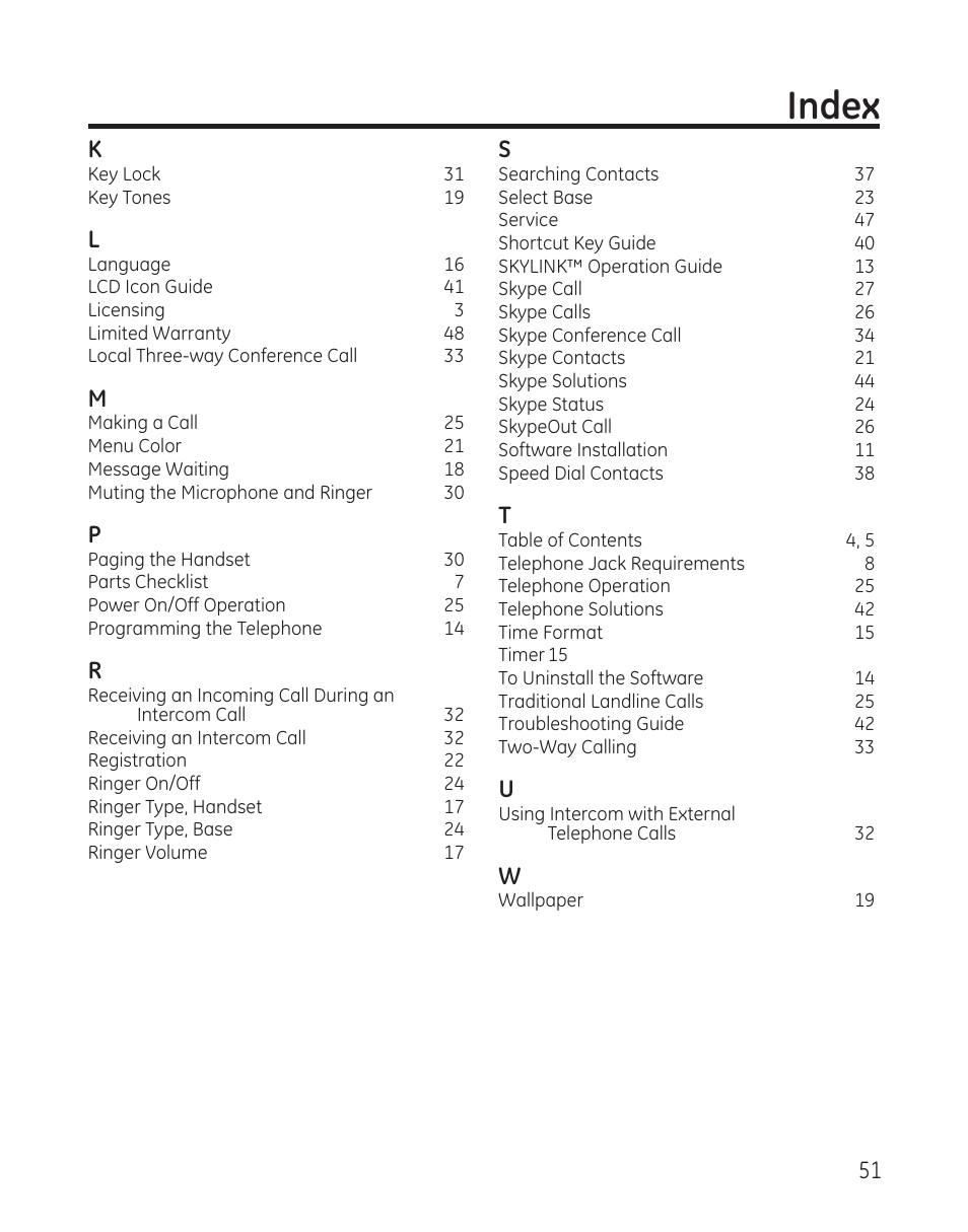 Index, 51 k | RCA 28300 User Manual | Page 51 / 52