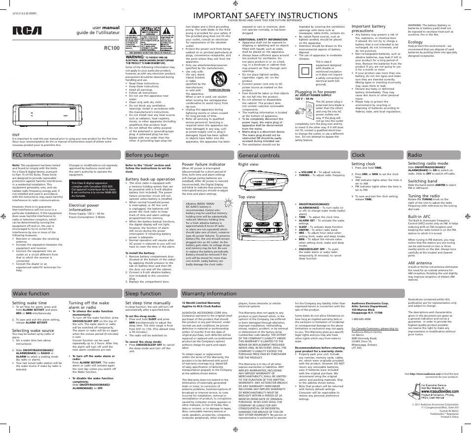 Important safety instructions, Rc100, Before you begin clock | General controls, Radio, Wake function, Sleep function warranty information, Fcc information | RCA RC100 User Manual | Page 3 / 3