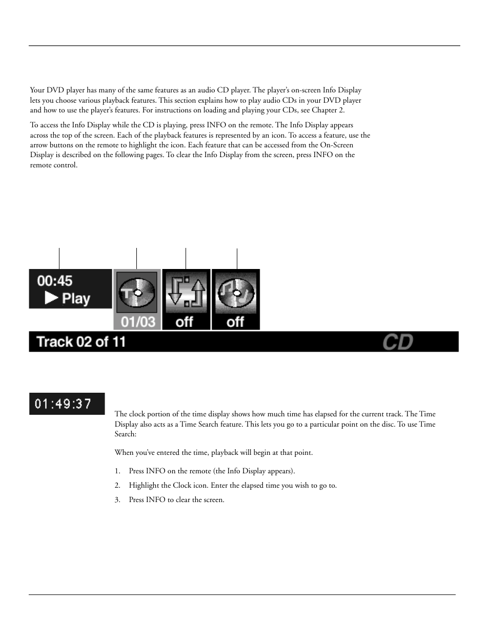 Playing audio cds and mp3 discs, Using the info display, Using the time display | RCA RC6001P User Manual | Page 40 / 70