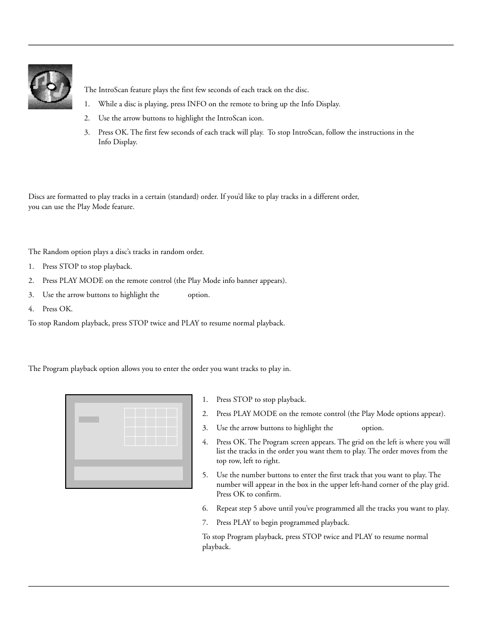 Playing audio cds and mp3 discs, Introscan, Play mode | Random, Program | RCA RC6001P User Manual | Page 42 / 70