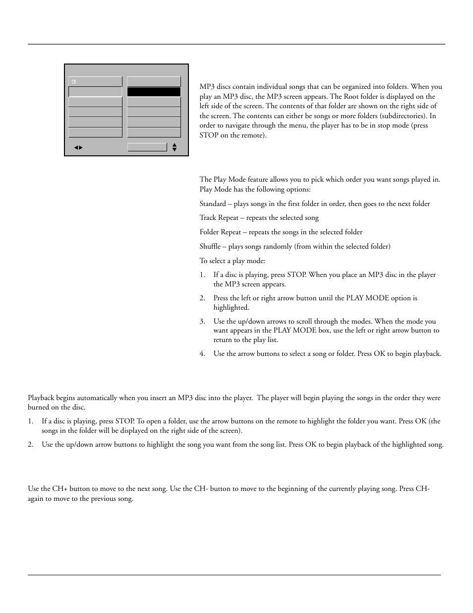 Playing audio cds and mp3 discs, The mp3 display, Selecting a play mode | Selecting folders and songs, Skipping songs, 42 chapter 3 | RCA RC6001P User Manual | Page 44 / 70