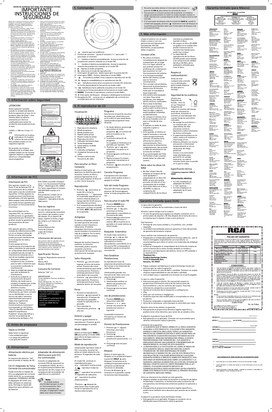 Importante instrucciones de seguridad, Más información | RCA RP2810 User Manual | Page 2 / 2