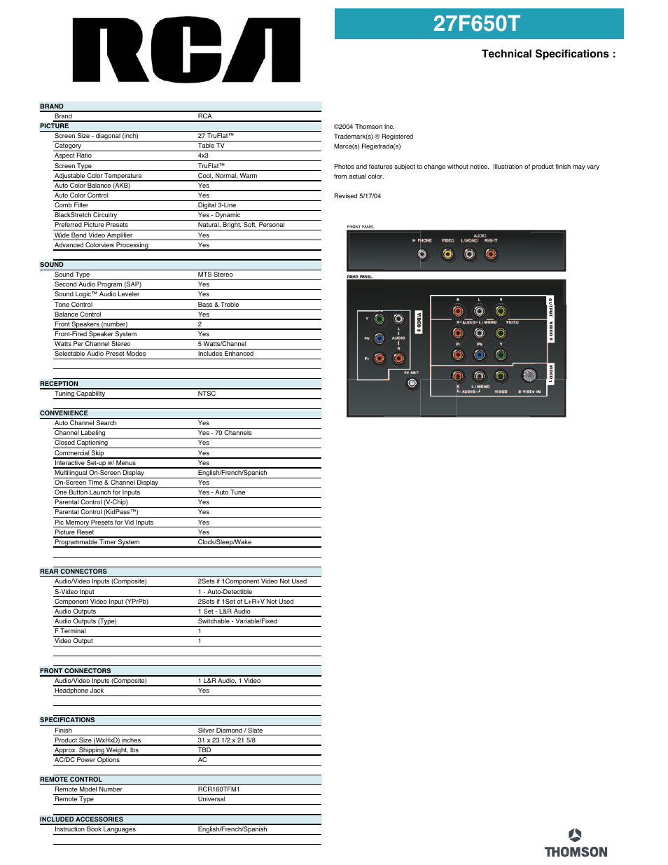 Technical specifications | RCA 27F650T User Manual | Page 2 / 2