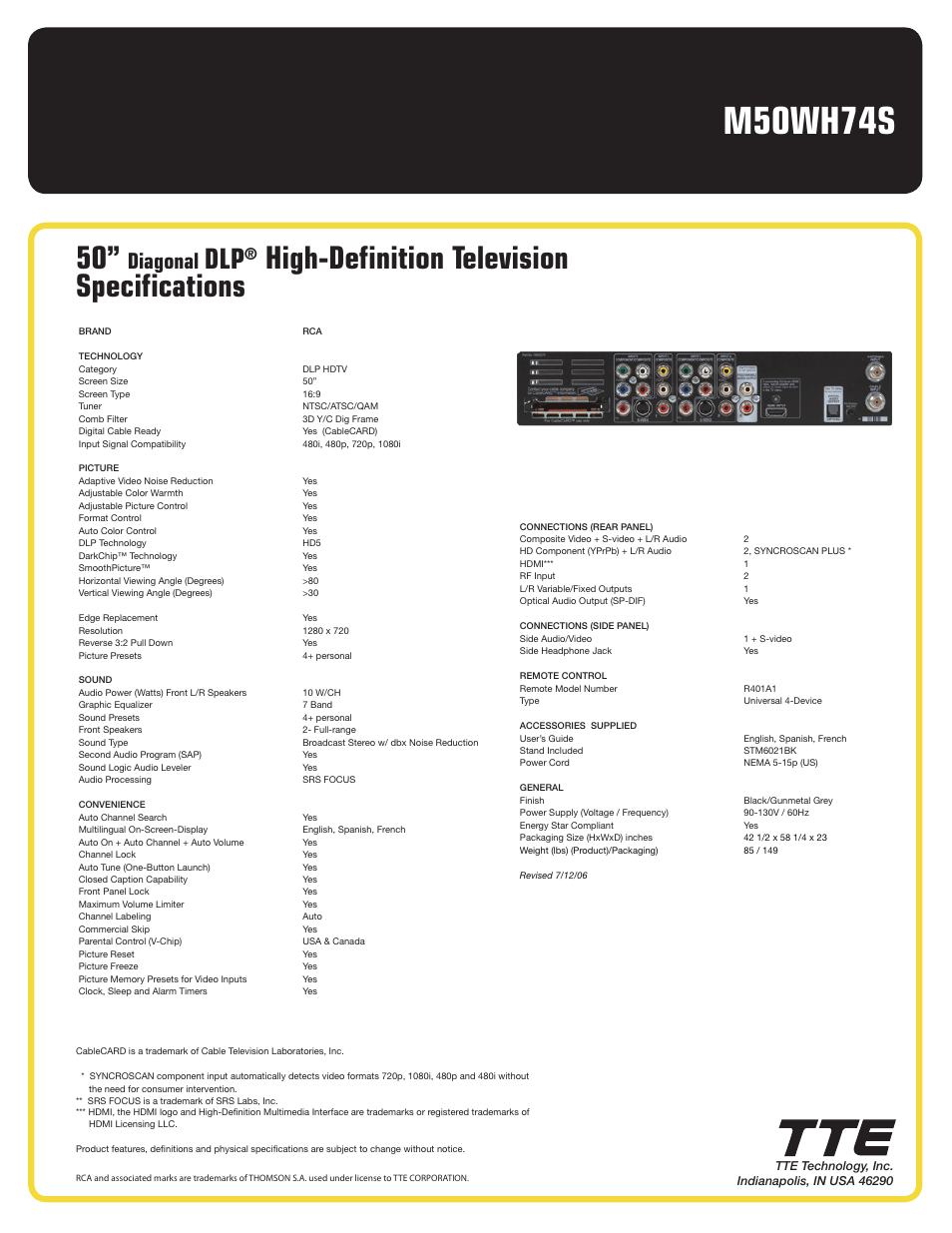 M50wh74s, High-definition television specifications, Diagonal | RCA M50WH74S User Manual | Page 2 / 2