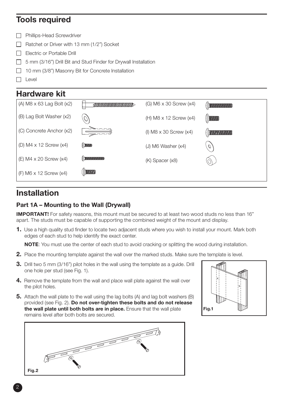 Installation, Tools required, Hardware kit | RCA L3239E User Manual | Page 2 / 4