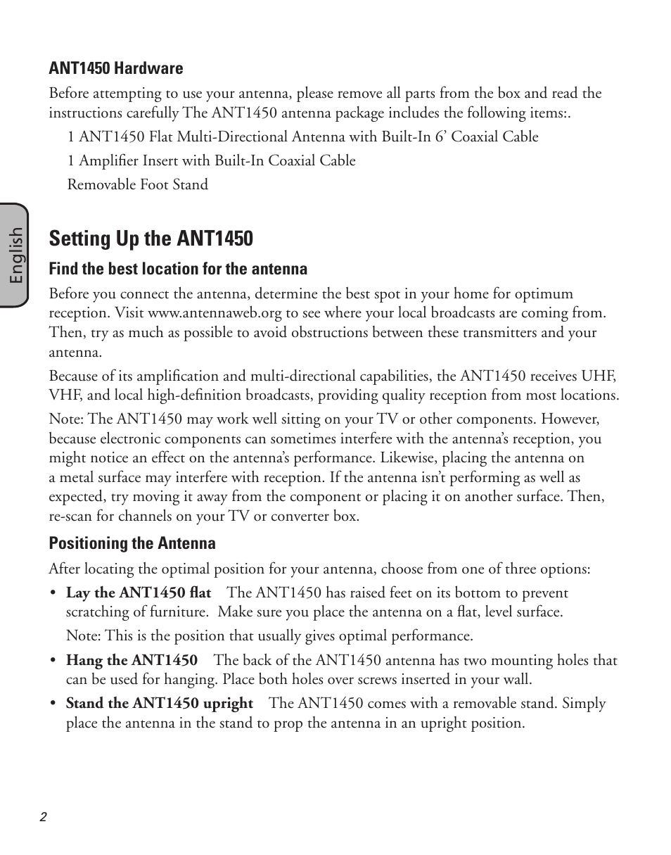 Setting up the ant1450 | RCA ANT1450 User Manual | Page 2 / 12