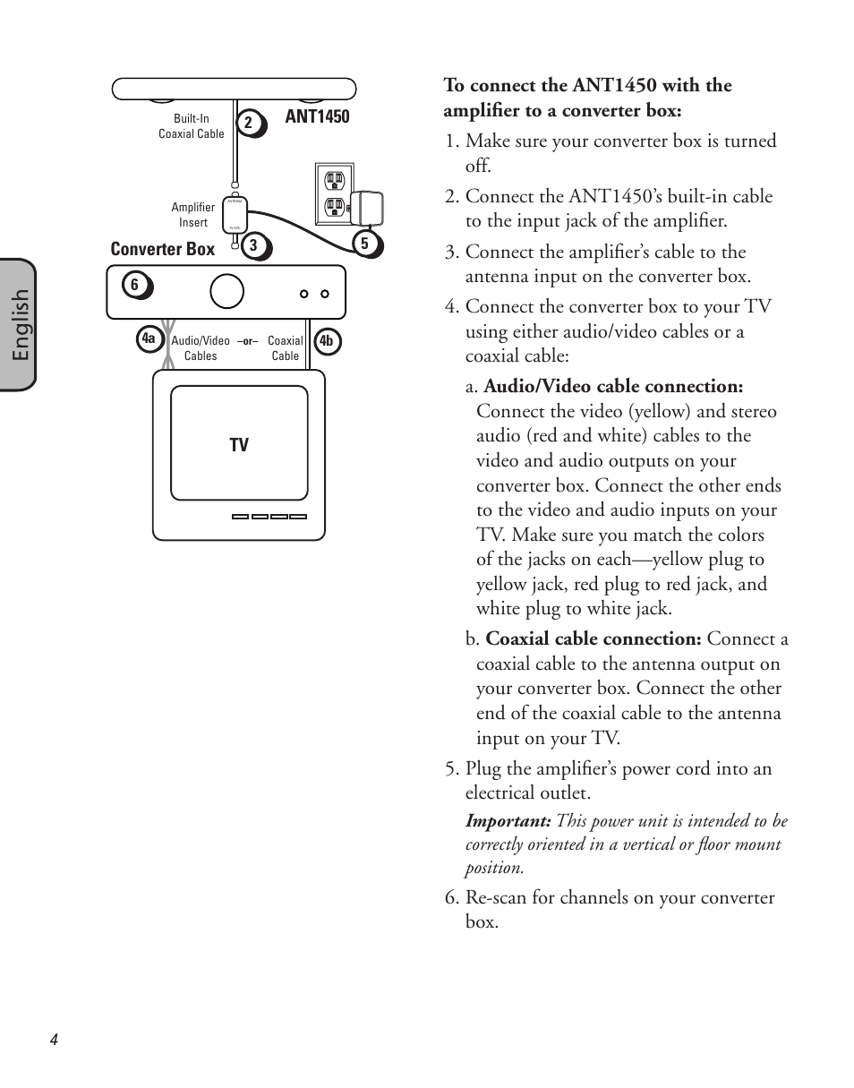 English, Re-scan for channels on your converter box | RCA ANT1450 User Manual | Page 4 / 12