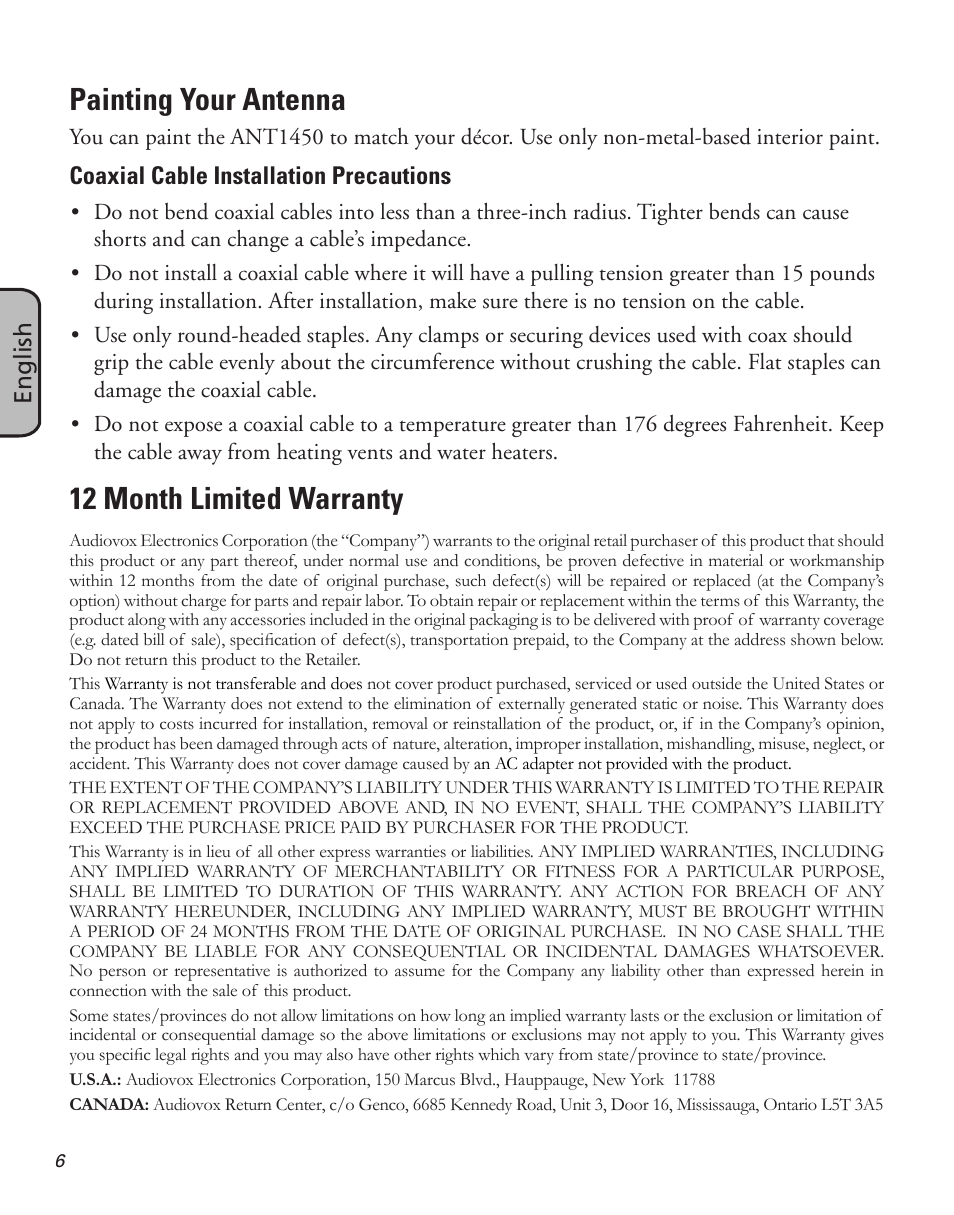 Painting your antenna, 12 month limited warranty, English | Coaxial cable installation precautions | RCA ANT1450 User Manual | Page 6 / 12
