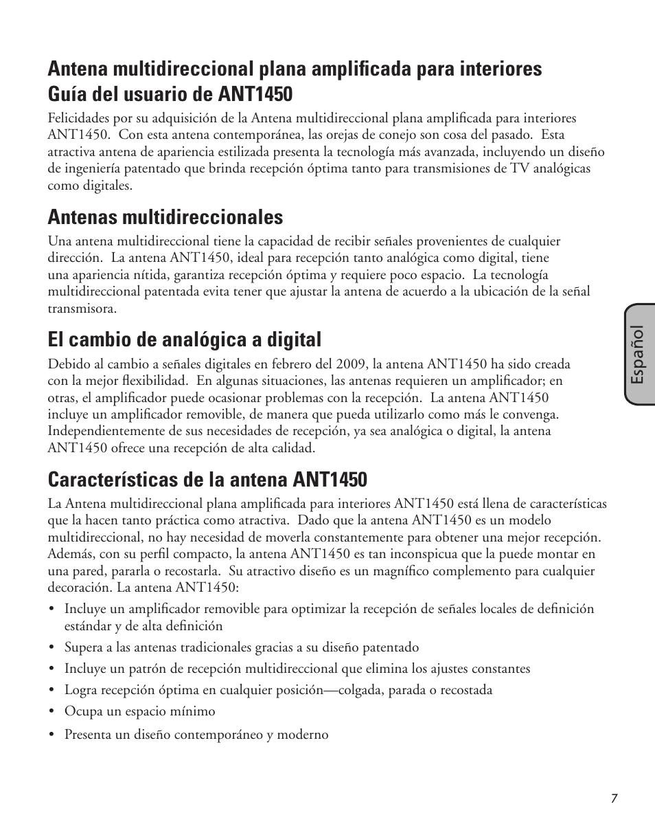 Antenas multidireccionales, El cambio de analógica a digital, Características de la antena ant1450 | RCA ANT1450 User Manual | Page 7 / 12