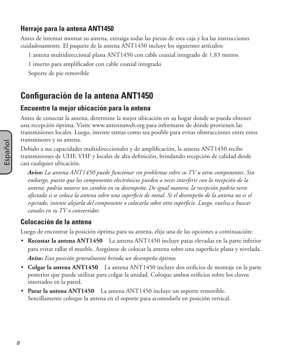 Configuración de la antena ant1450 | RCA ANT1450 User Manual | Page 8 / 12