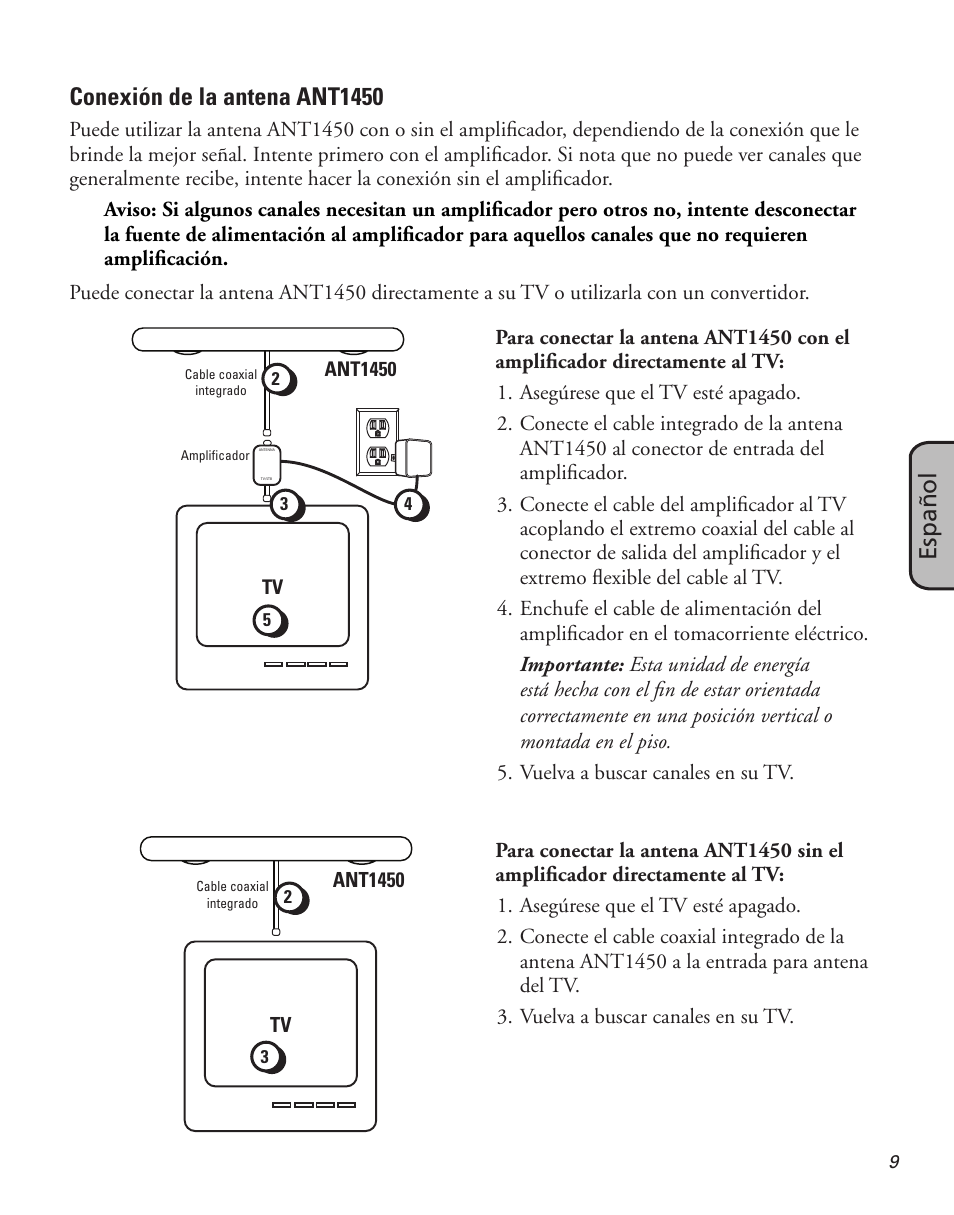 Español, Conexión de la antena ant1450 | RCA ANT1450 User Manual | Page 9 / 12