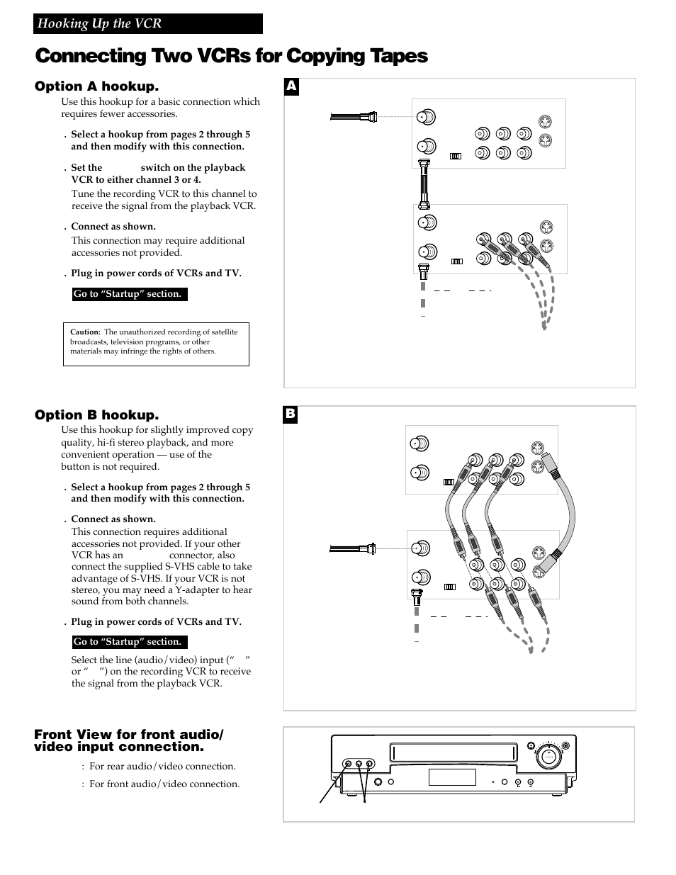 Connecting two vcrs for copying tapes, 8hooking up the vcr, Option a hookup | Option b hookup, Front view for front audio/ video input connection, Playback vcr, Recording vcr, Playback vcr (only), Audio in (l/r) video in | RCA VR730HF User Manual | Page 10 / 58