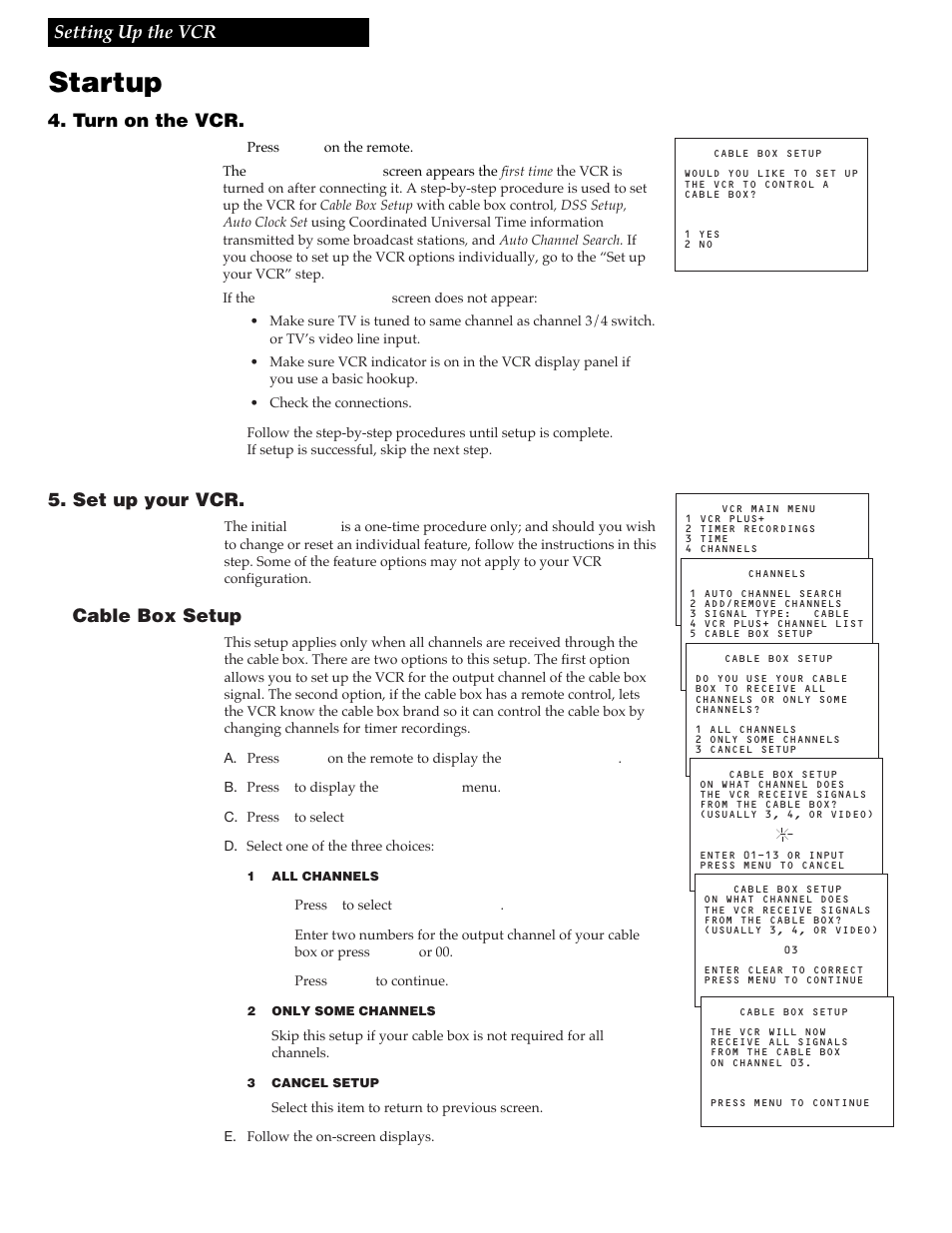 Startup, 10 setting up the vcr, Turn on the vcr | Set up your vcr, Cable box setup | RCA VR730HF User Manual | Page 12 / 58