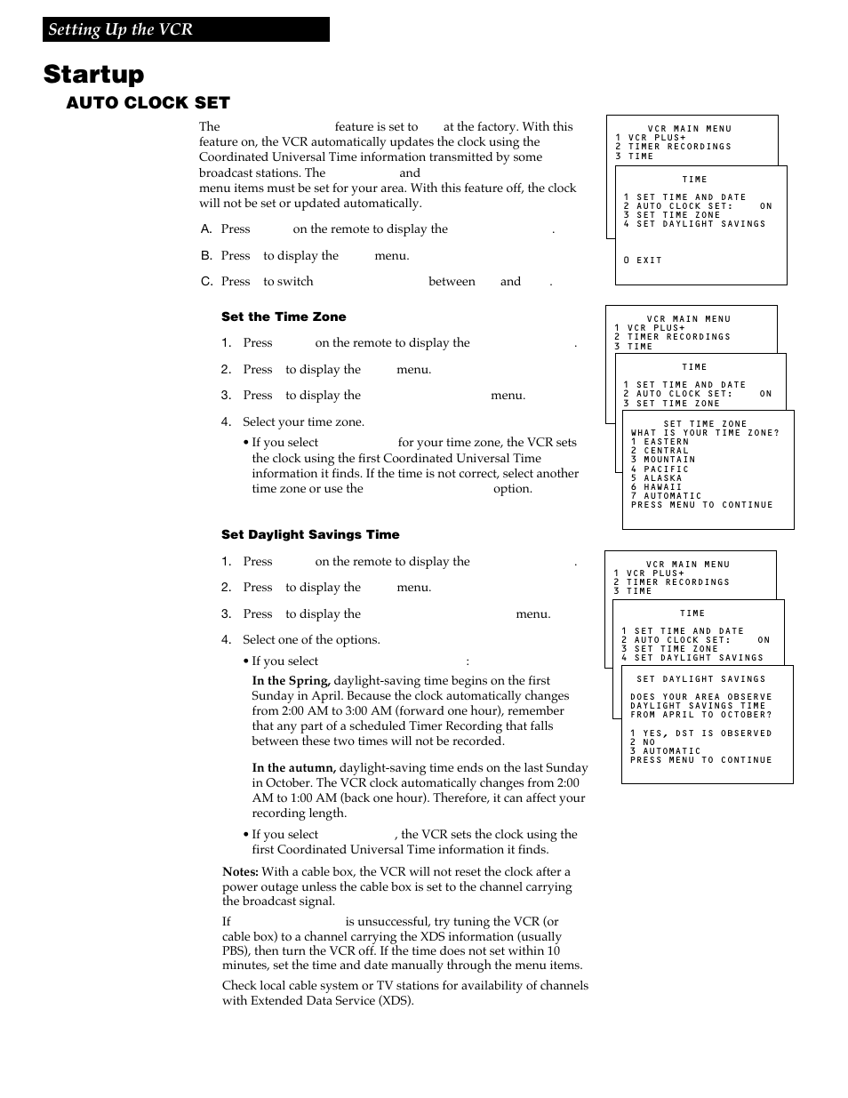 Startup, Setting up the vcr, Auto clock set | RCA VR730HF User Manual | Page 14 / 58