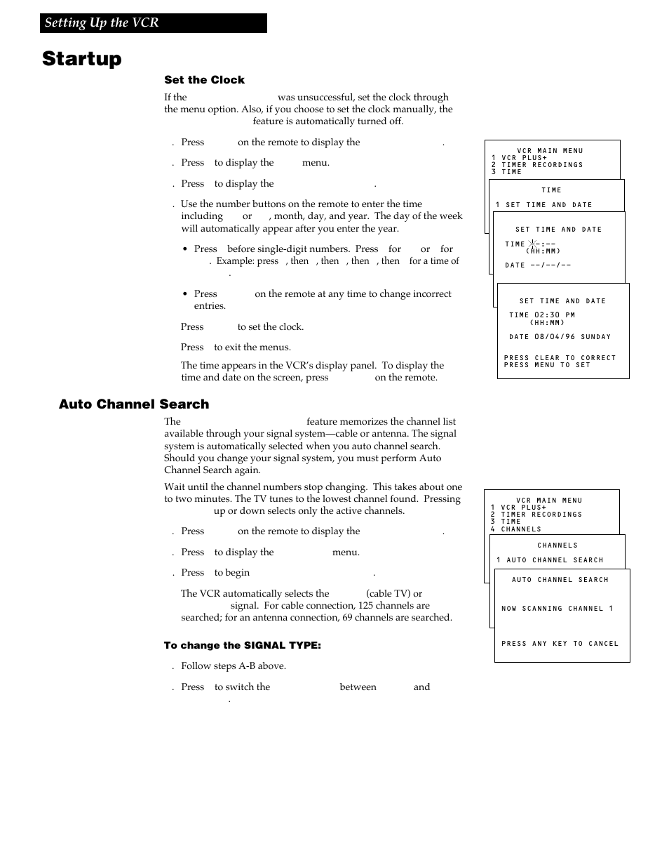 Startup, 13 setting up the vcr, Auto channel search | RCA VR730HF User Manual | Page 15 / 58