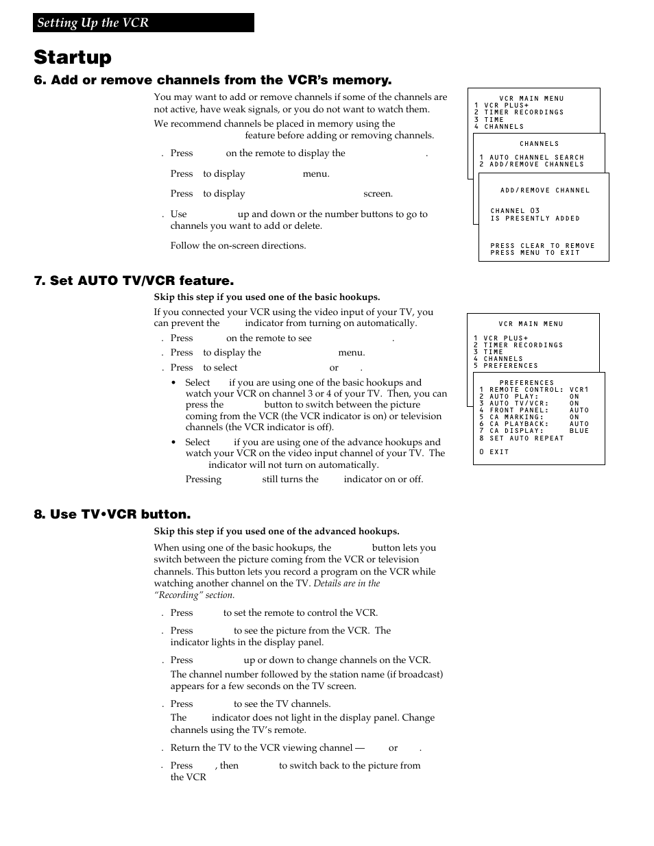 Startup, Setting up the vcr, Set auto tv/vcr feature | Use tv•vcr button | RCA VR730HF User Manual | Page 16 / 58