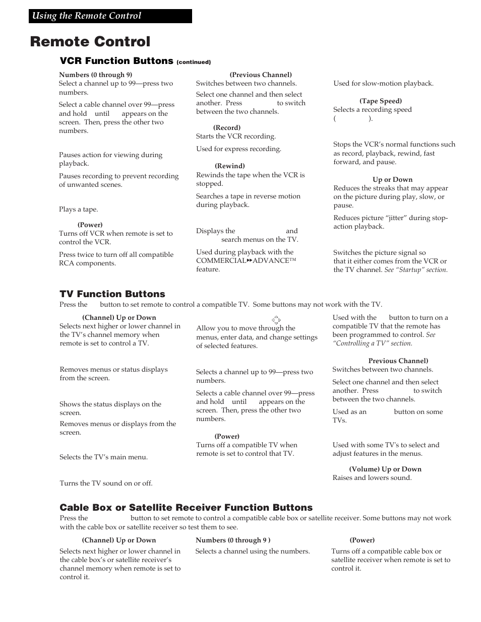 Remote control, Using the remote control vcr function buttons, Tv function buttons | Cable box or satellite receiver function buttons | RCA VR730HF User Manual | Page 19 / 58