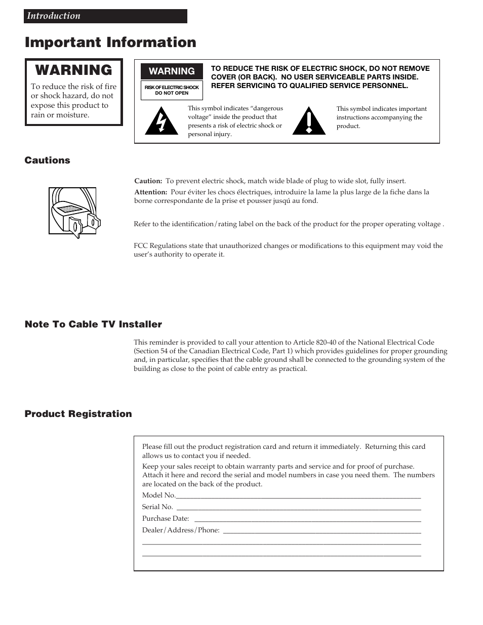 Important information, Warnings, Cautions | Note to cable tv installer, Product registration, Warning | RCA VR730HF User Manual | Page 2 / 58