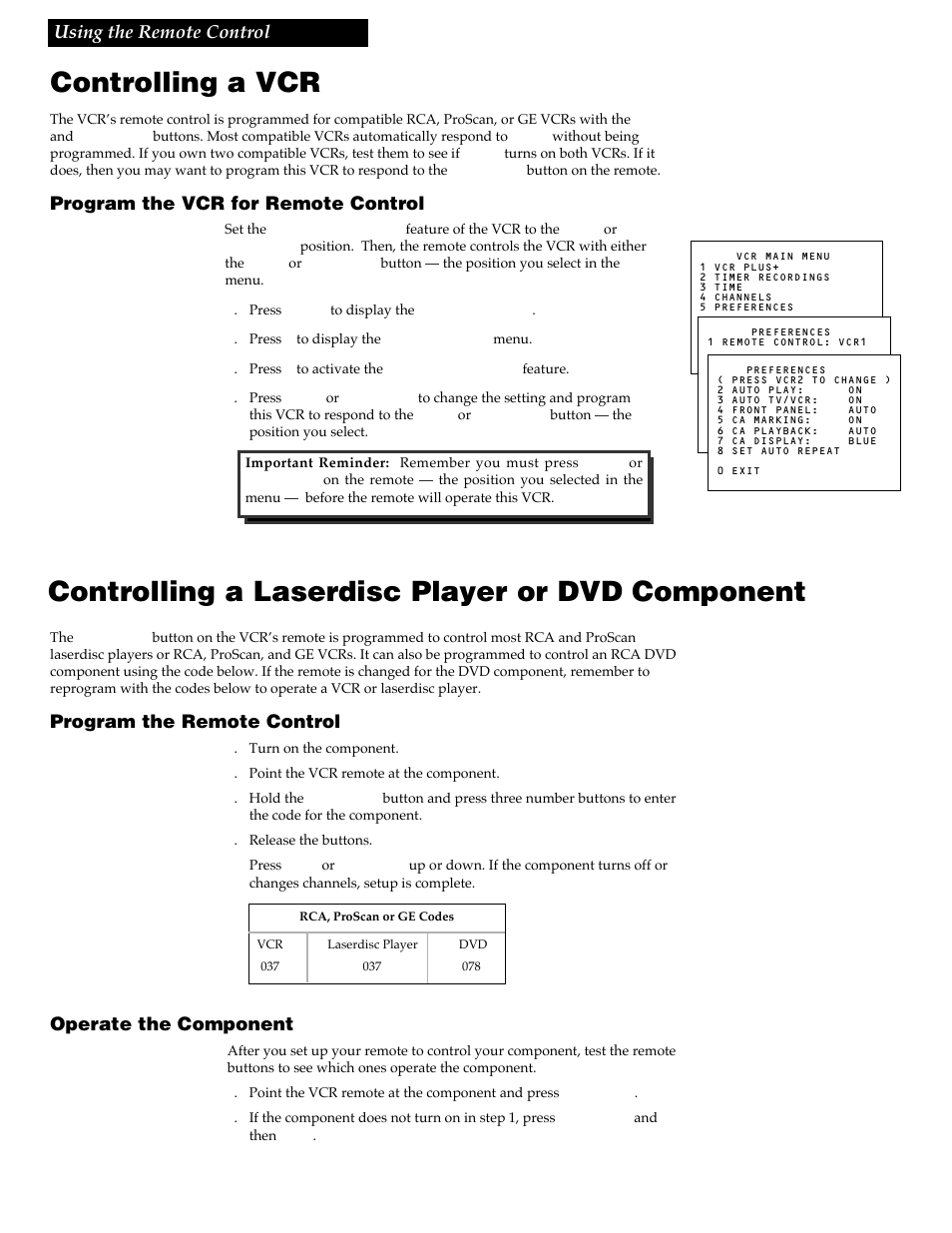 Controlling a vcr, Controlling a laserdisc player or dvd component, Program the vcr for remote control | Program the remote control, Operate the component, Using the remote control | RCA VR730HF User Manual | Page 20 / 58