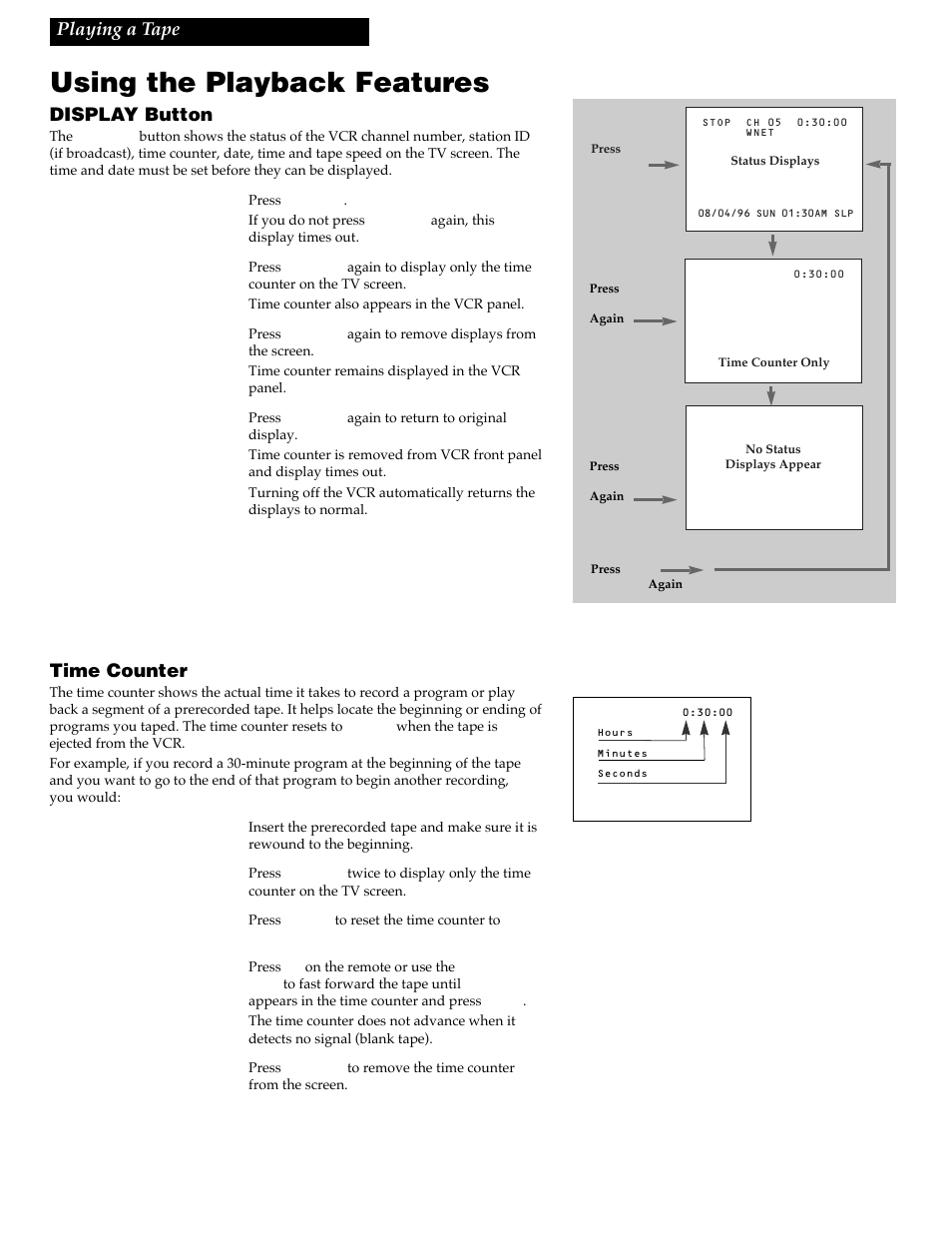 Using the playback features, Display button, Time counter | Playing a tape | RCA VR730HF User Manual | Page 26 / 58