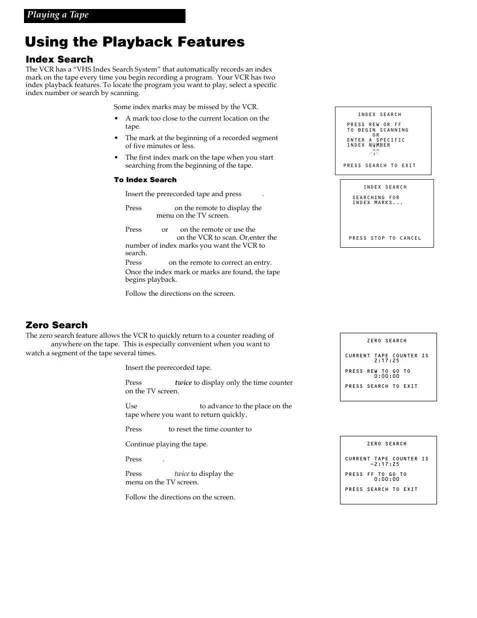 Using the playback features, 26 playing a tape, Index search | Zero search | RCA VR730HF User Manual | Page 28 / 58