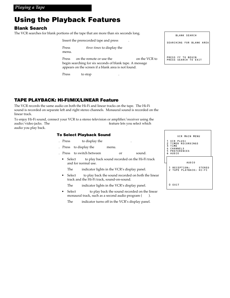 Using the playback features, Blank search, Tape playback: hi-fi/mix/linear feature | Playing a tape | RCA VR730HF User Manual | Page 29 / 58