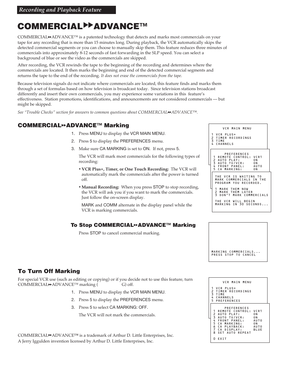 Commercial a advance, 29 recording and playback feature, Commercial | Advance™ marking | RCA VR730HF User Manual | Page 31 / 58