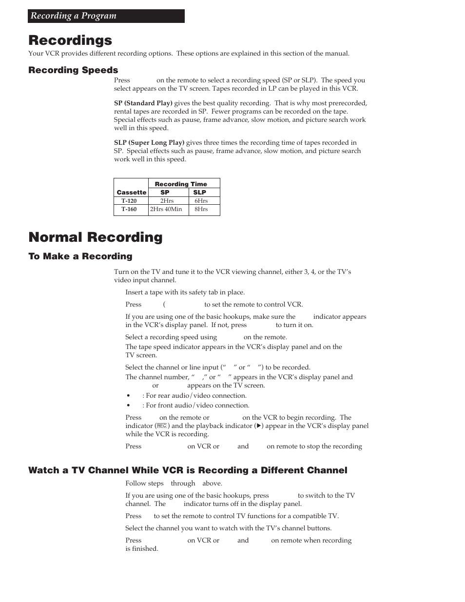 Recording a program, Recordings, Normal recording | 31 recording a program, Recording speeds | RCA VR730HF User Manual | Page 35 / 58