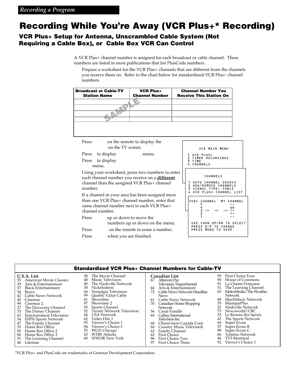 Recording while you’re away, Recording while you’re away (vcr plus+* recording), Sample | 33 recording a program | RCA VR730HF User Manual | Page 37 / 58