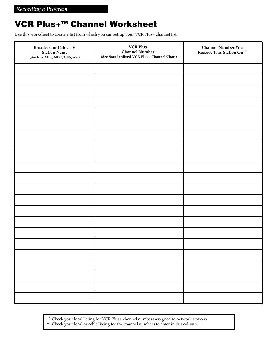 Vcr plus, Channel worksheet | RCA VR730HF User Manual | Page 38 / 58