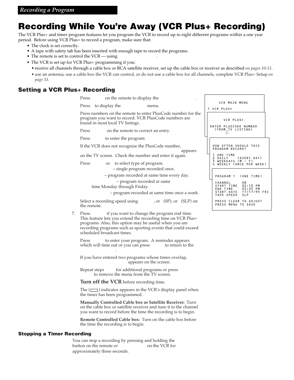 Recording while you’re away (vcr plus+ recording), 35 recording a program, Setting a vcr plus+ recording | RCA VR730HF User Manual | Page 39 / 58