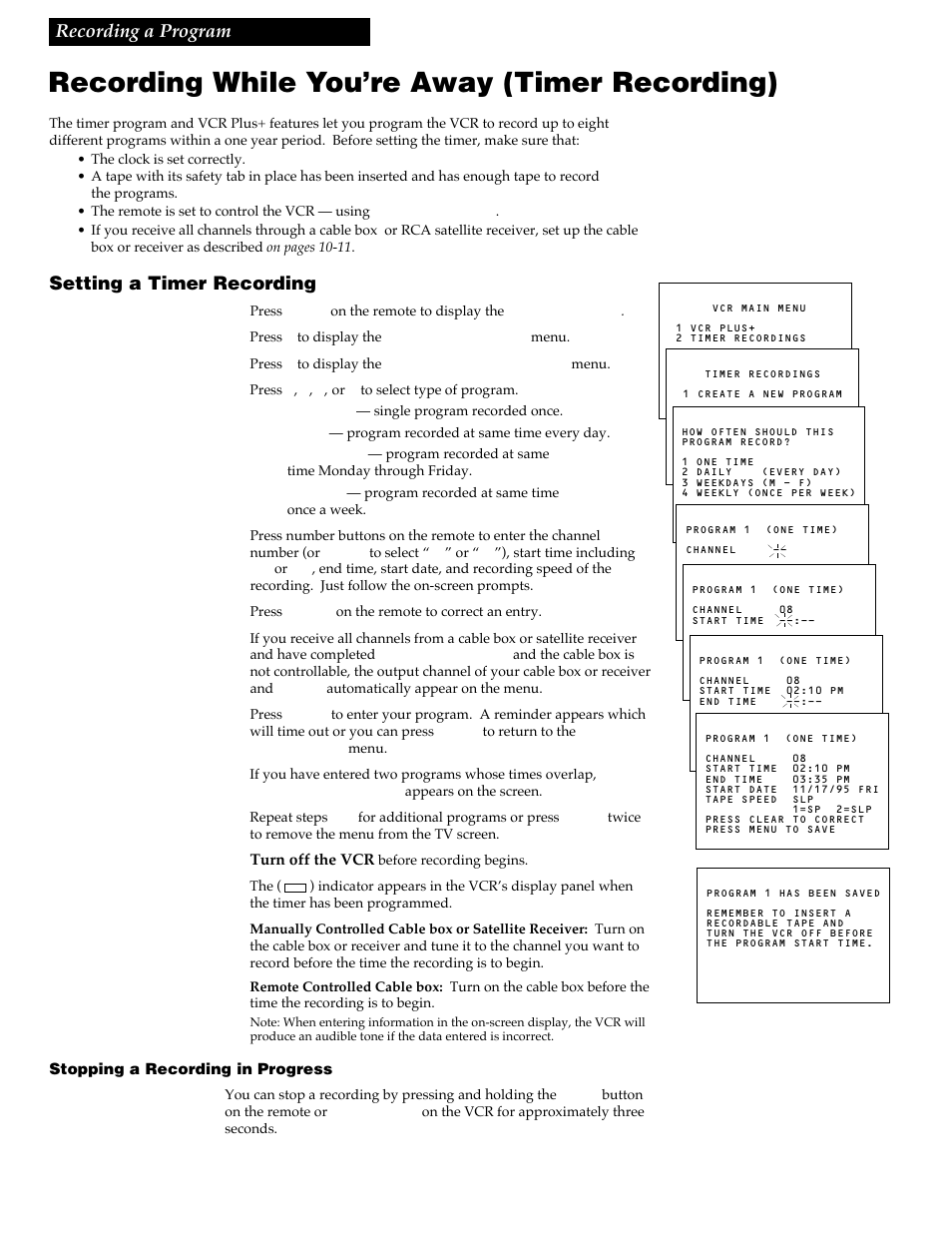 Recording while you’re away (timer recording), Recording a program, Setting a timer recording | RCA VR730HF User Manual | Page 40 / 58